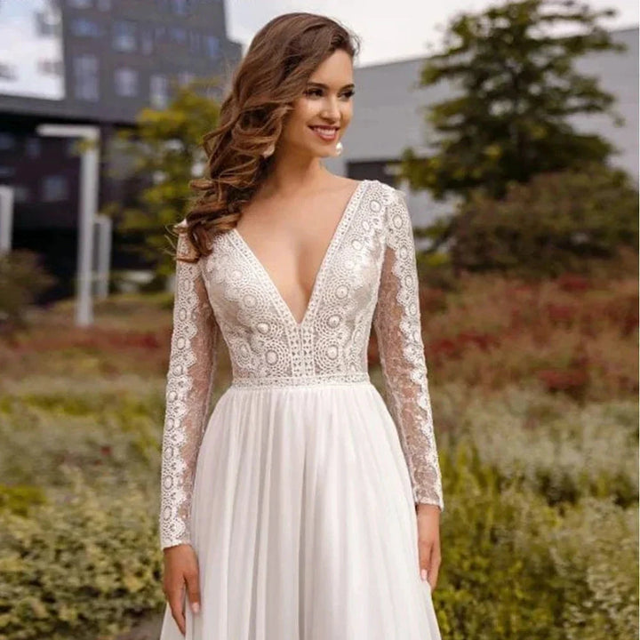 Simple Chiffon Boho Wedding Dresses Deep Sexy V Neck Long Sleeves Flowy Bohemian Bridal Wedding Gowns Backless A Line Robe Maria by payinti