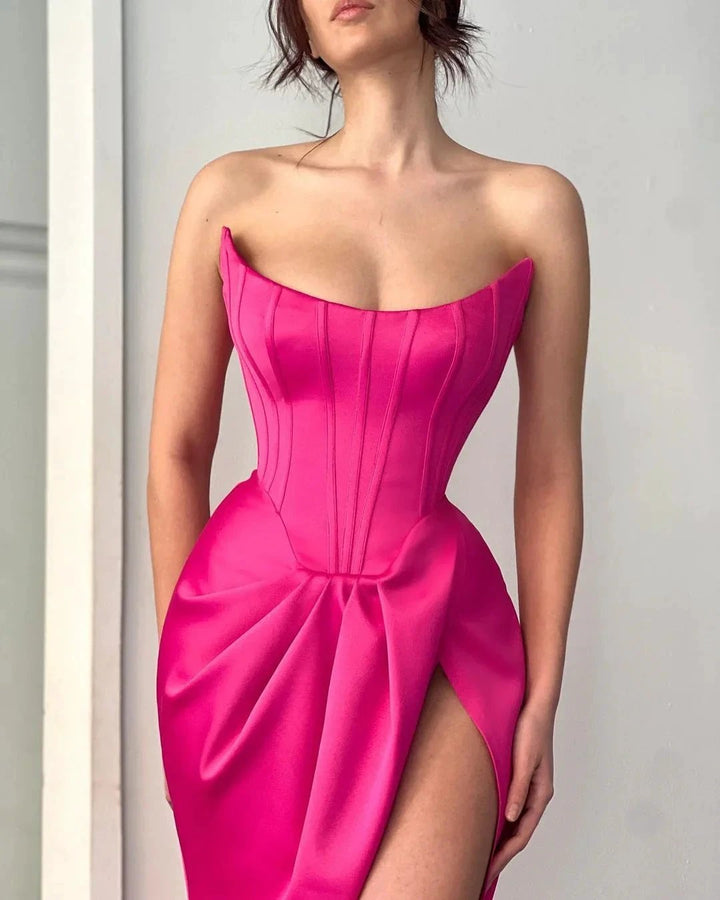 Simple Long Fuchsia Sexy Sleeveless Satin Prom Dress With Slit by misshow.com