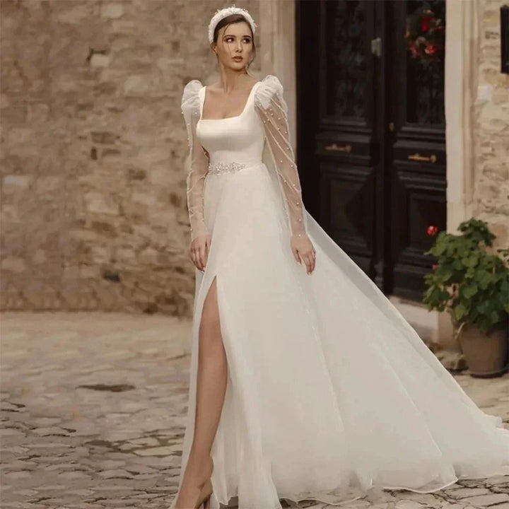 Simple Wedding Dresses A Line Long Illusion Sleeve Fuffy Tulle Ball Gowns Woman&