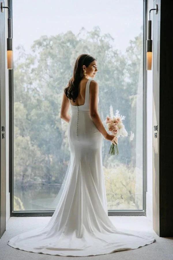 Simple Sheath Square Neck Long Backless Wedding Dress WD599 by pgmdress