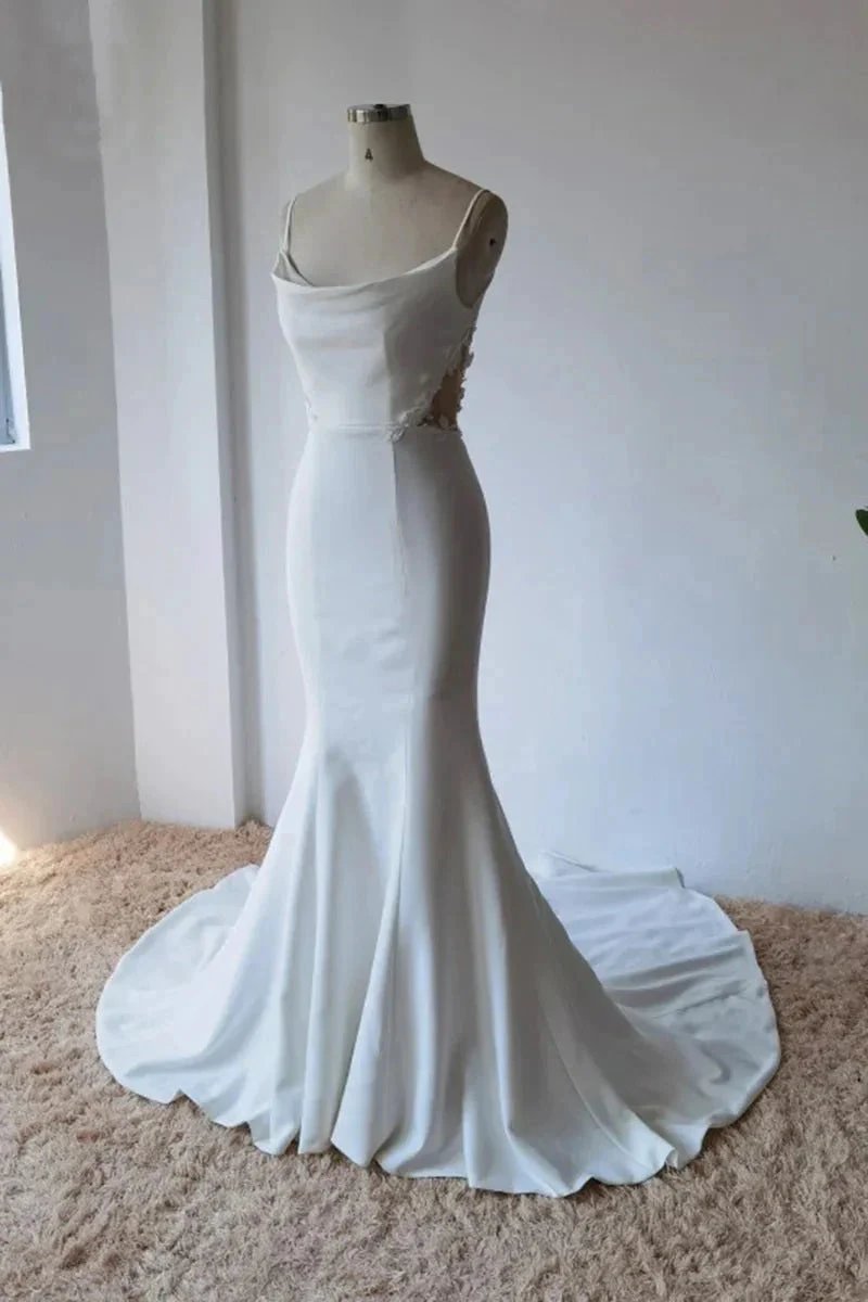 Simple Spaghetti Straps Satin Mermaid Modest Wedding Dress WD672 by pgmdress