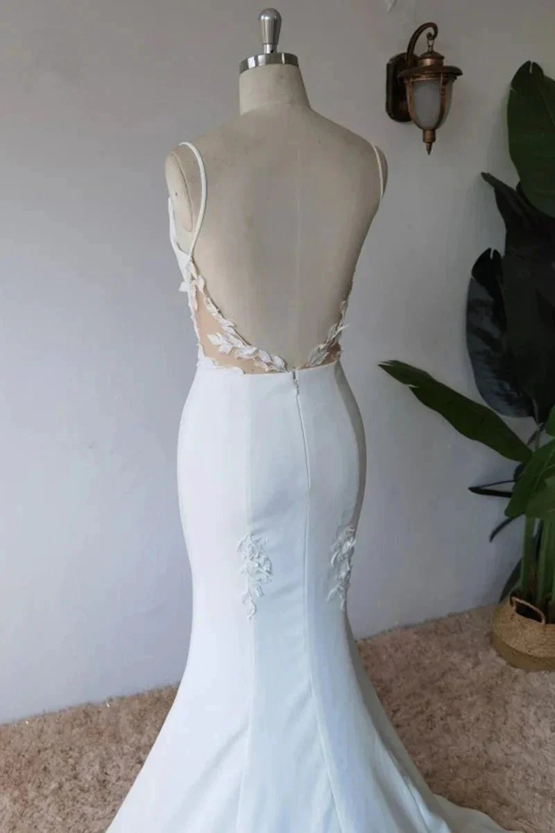 Simple Spaghetti Straps Satin Mermaid Modest Wedding Dress WD672 by pgmdress