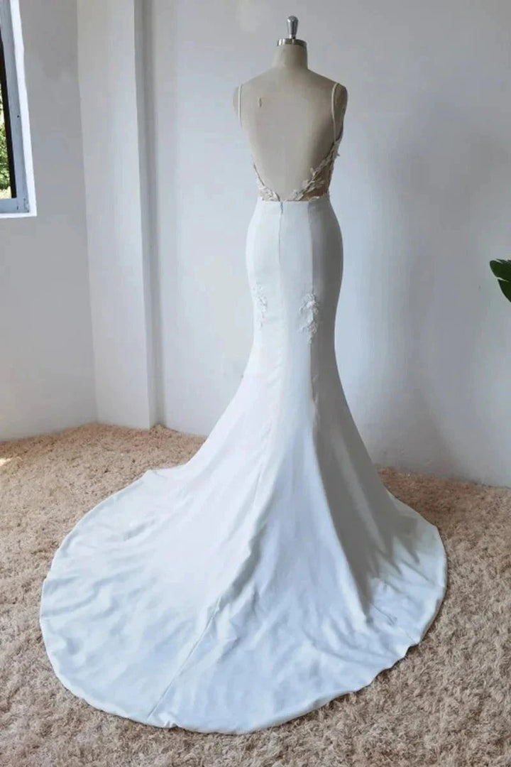 Simple Spaghetti Straps Satin Mermaid Modest Wedding Dress WD672 by pgmdress