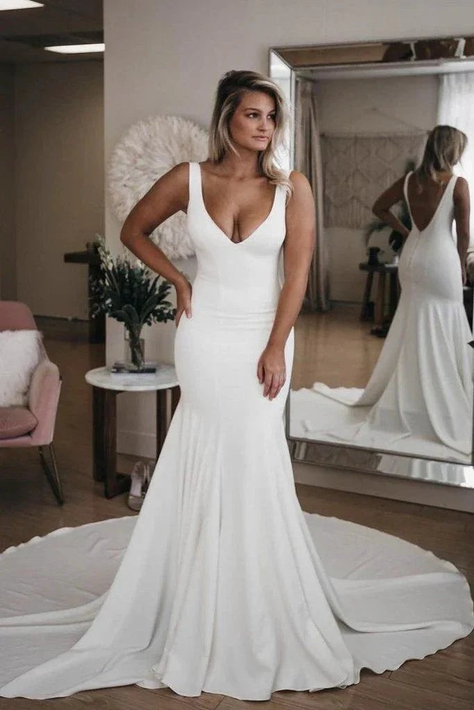 Simple V Neck Mermaid Beach Wedding Dress With Long Train WD575 by pgmdress