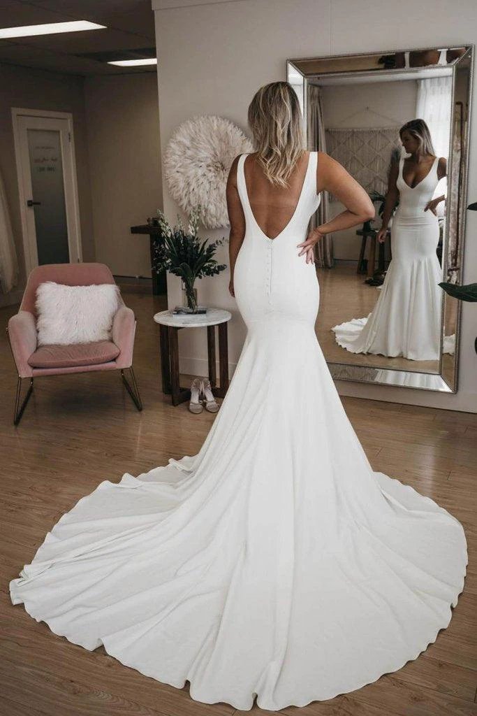 Simple V Neck Mermaid Beach Wedding Dress With Long Train WD575 by pgmdress