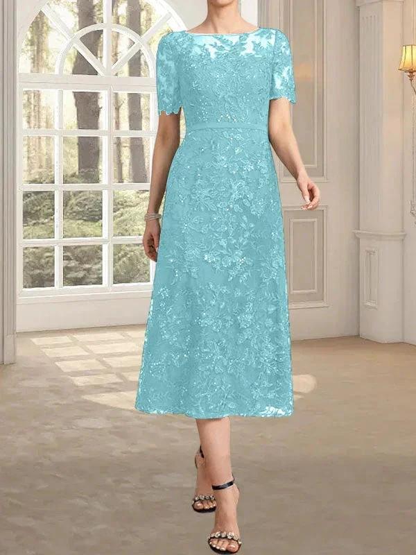 A-line Scoop Illusion Tea-Length Lace Mother of the Bride Dress With Sequins by Dreamylily