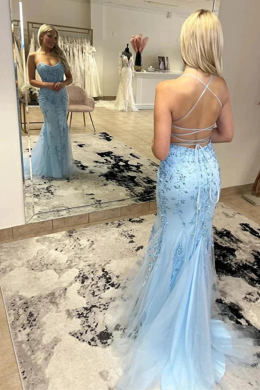 Sky Blue Trumpet Spaghetti Straps With Lace Long Prom Dresses PSK462 by pgmdress