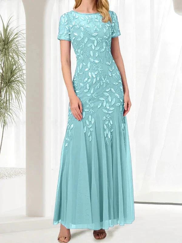 Blue Mermaid Round Neck Long Mother of the Bride Dress With Beadings by Dreamylily
