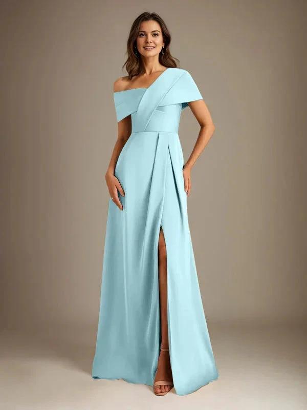 A-Line Asymmetrical Neckline Floor-Length Satin Mother of the Bride Dress With Pleated by Dreamylily