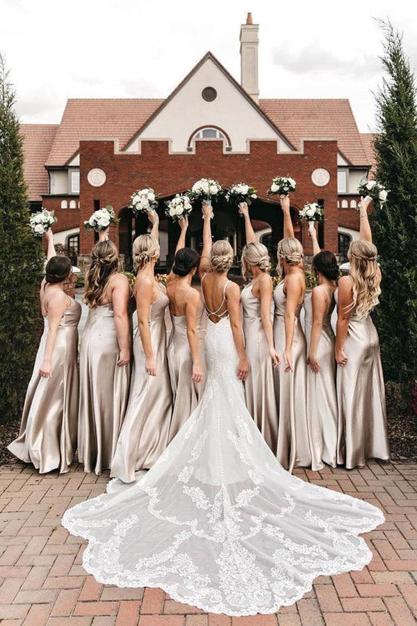 Sleek Spaghetti Straps Silk Satin Floor-length Bridesmaid Dresses BD091 by pgmdress