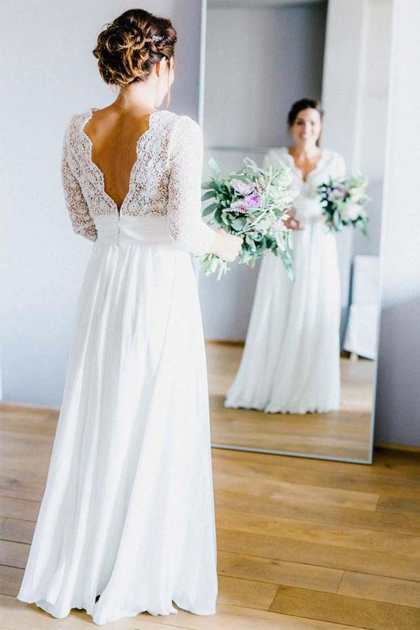 3/4 Sleeve See Through Backless Lace Chiffon Wedding Dresses WD291 by Pgmdress