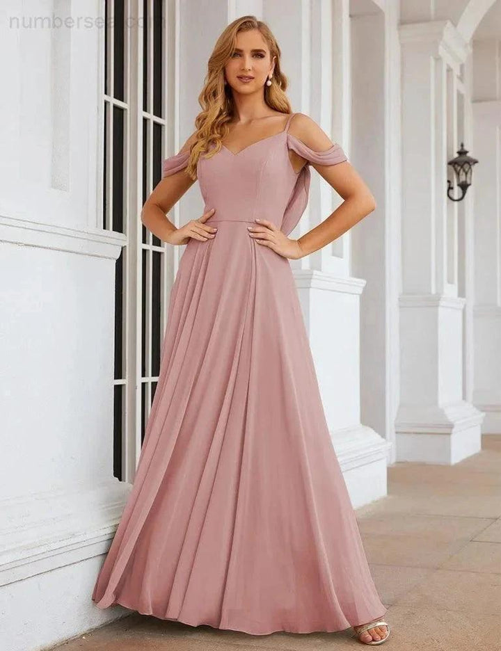 Numbersea Cold Shoulder Chiffon Bridesmaid Dresses Long Maxi Formal Prom Gowns for Women Party SEA28059 by numbersea
