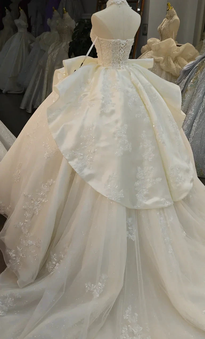 Ivory Lace Strapless Ballgown Choker Collar &amp; Bow Skirt by ZAPDRESS