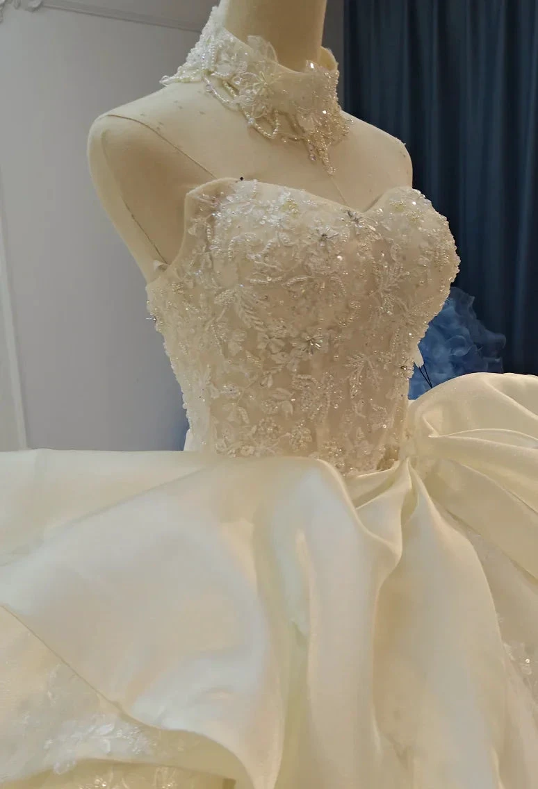 Ivory Lace Strapless Ballgown Choker Collar &amp; Bow Skirt by ZAPDRESS