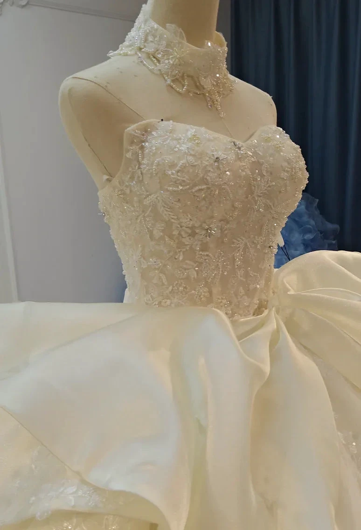 Ivory Lace Strapless Ballgown Choker Collar &amp; Bow Skirt by ZAPDRESS