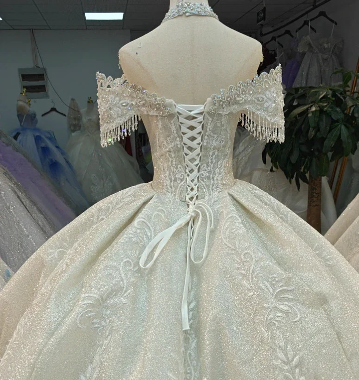 Champagne Glimmer Off-Shoulder Ballgown Crystal Fringe Bust &amp; Embroidered Train by ZAPDRESS