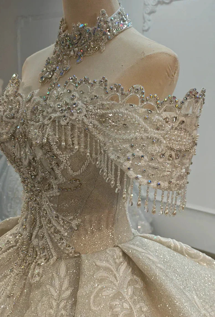 Champagne Glimmer Off-Shoulder Ballgown Crystal Fringe Bust &amp; Embroidered Train by ZAPDRESS