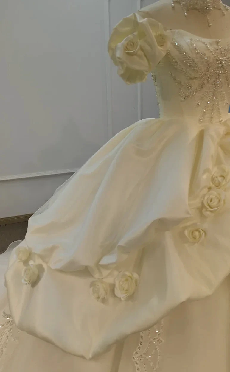 Ivory Rose Off-Shoulder Ballgown Beaded Bust &amp; 3D Flower Skirt by ZAPDRESS