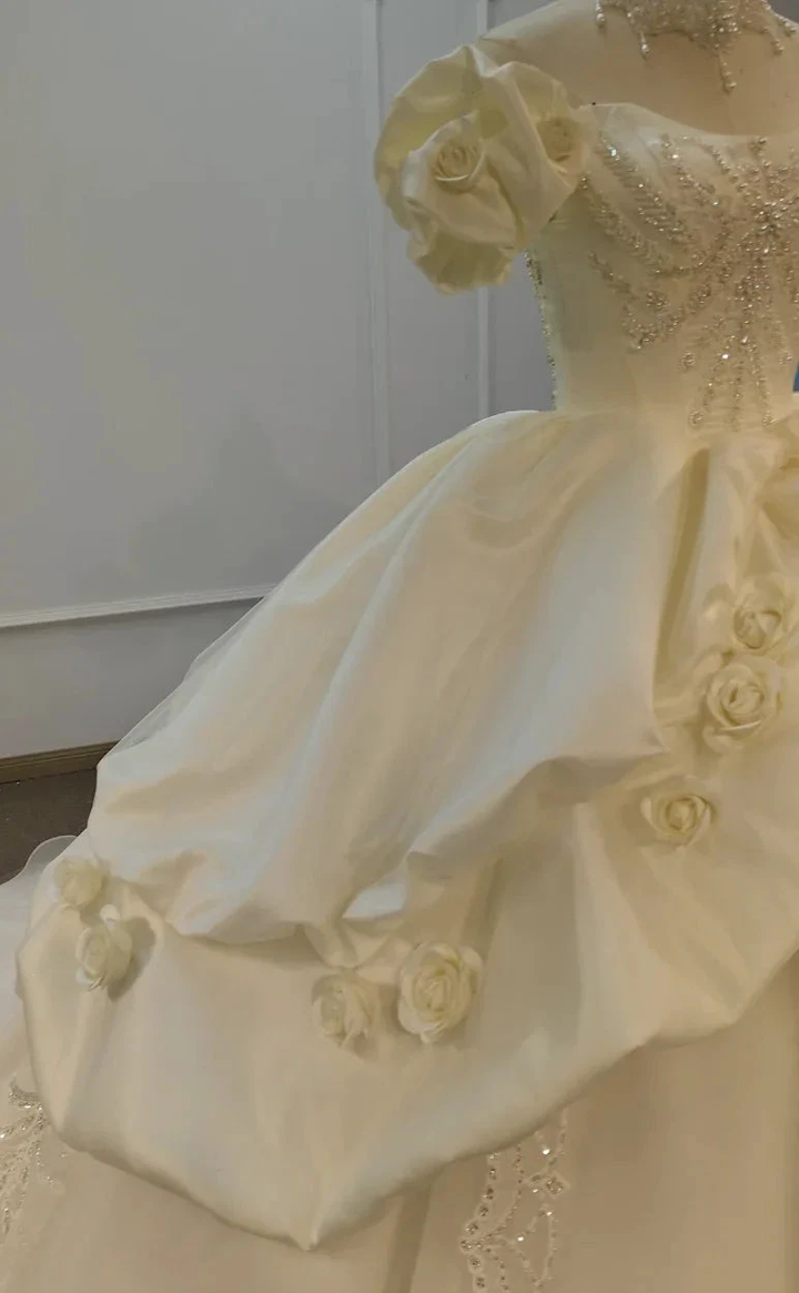 Ivory Rose Off-Shoulder Ballgown Beaded Bust &amp; 3D Flower Skirt by ZAPDRESS