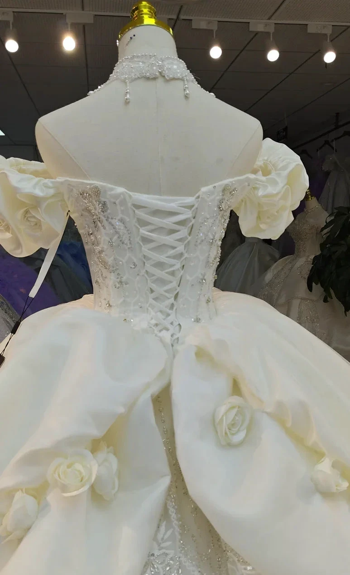 Ivory Rose Off-Shoulder Ballgown Beaded Bust &amp; 3D Flower Skirt by ZAPDRESS