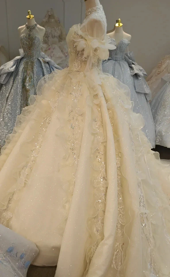 Cream Shimmer Off-Shoulder Ballgown Crystal-Embroidered Skirt &amp; Fringed Collar by ZAPDRESS