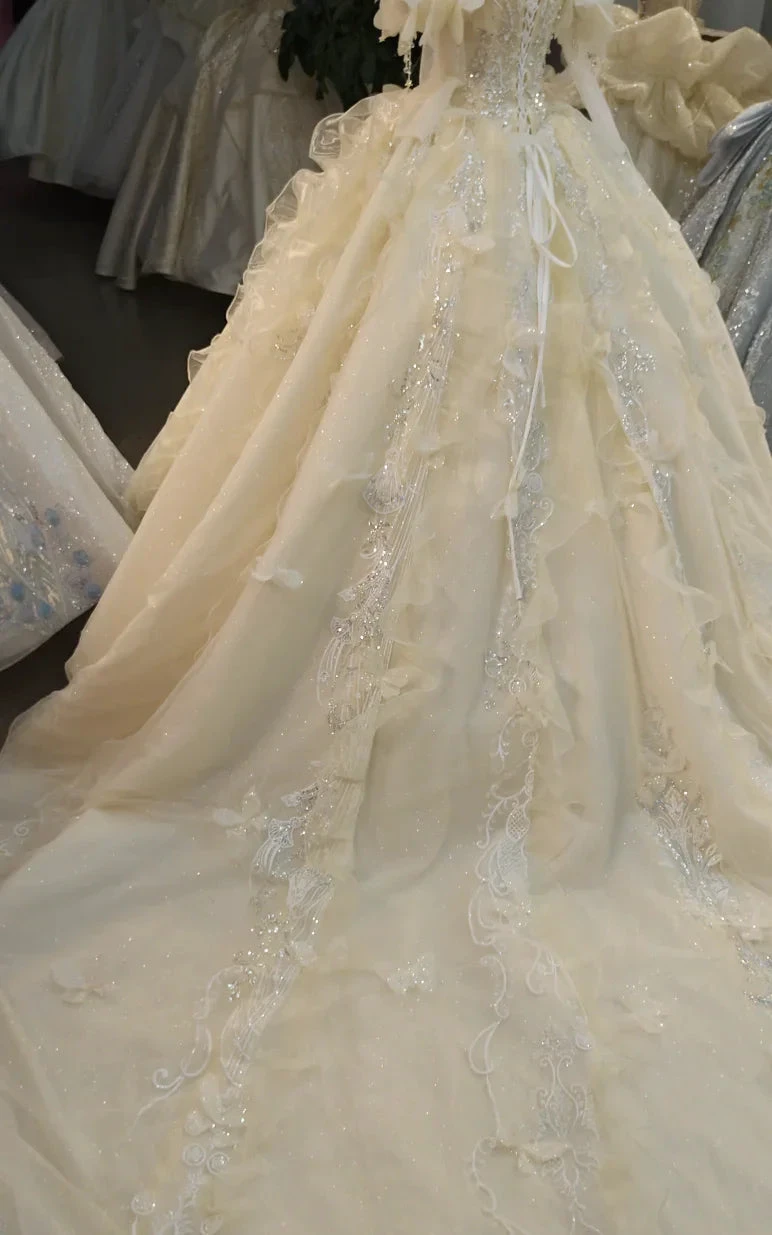 Cream Shimmer Off-Shoulder Ballgown Crystal-Embroidered Skirt &amp; Fringed Collar by ZAPDRESS