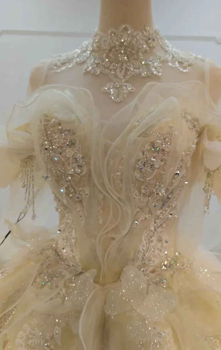 Cream Shimmer Off-Shoulder Ballgown Crystal-Embroidered Skirt & Fringed Collar by ZAPDRESS