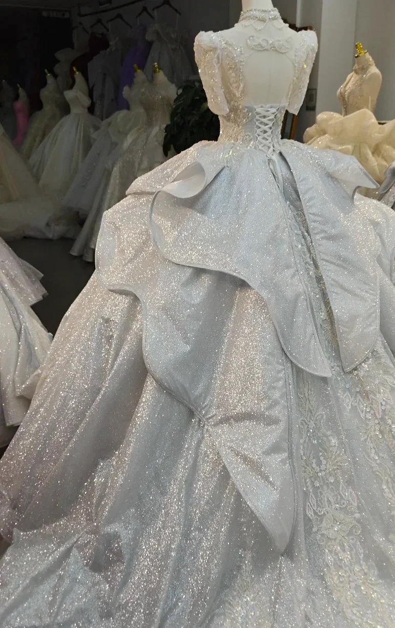 Silver Glitz Cap-Sleeve Ballgown Iridescent Beaded Bust &amp; Sculptural Tiered Skirt by ZAPDRESS
