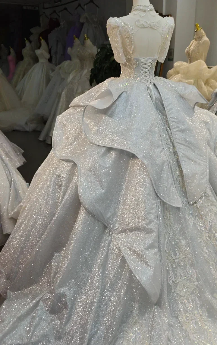 Silver Glitz Cap-Sleeve Ballgown Iridescent Beaded Bust &amp; Sculptural Tiered Skirt by ZAPDRESS