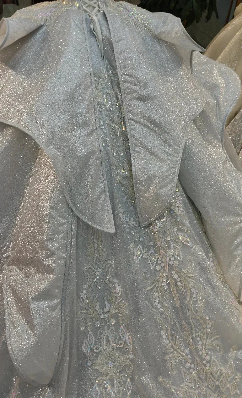 Silver Glitz Cap-Sleeve Ballgown Iridescent Beaded Bust &amp; Sculptural Tiered Skirt by ZAPDRESS