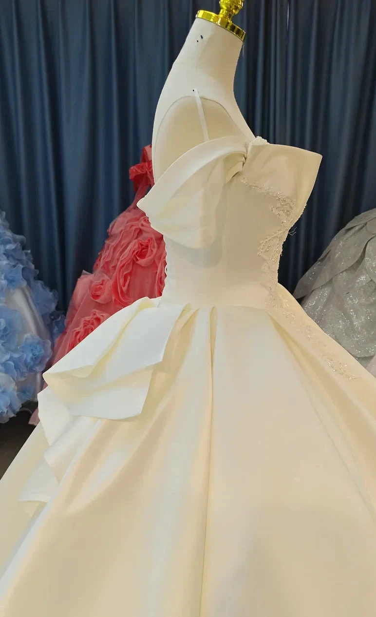 Ivory Lustre Off-Shoulder Ballgown Pearl-Embroidered Bodice &amp; Cathedral Satin Train by ZAPDRESS
