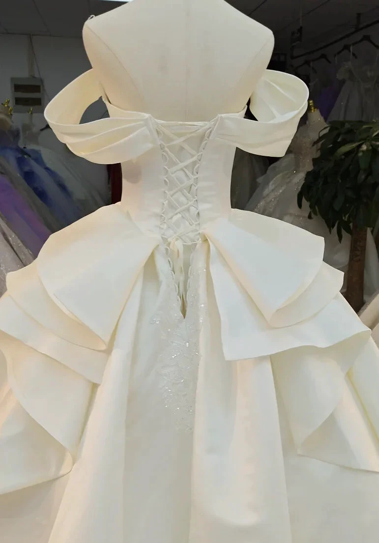 Ivory Lustre Off-Shoulder Ballgown Pearl-Embroidered Bodice &amp; Cathedral Satin Train by ZAPDRESS