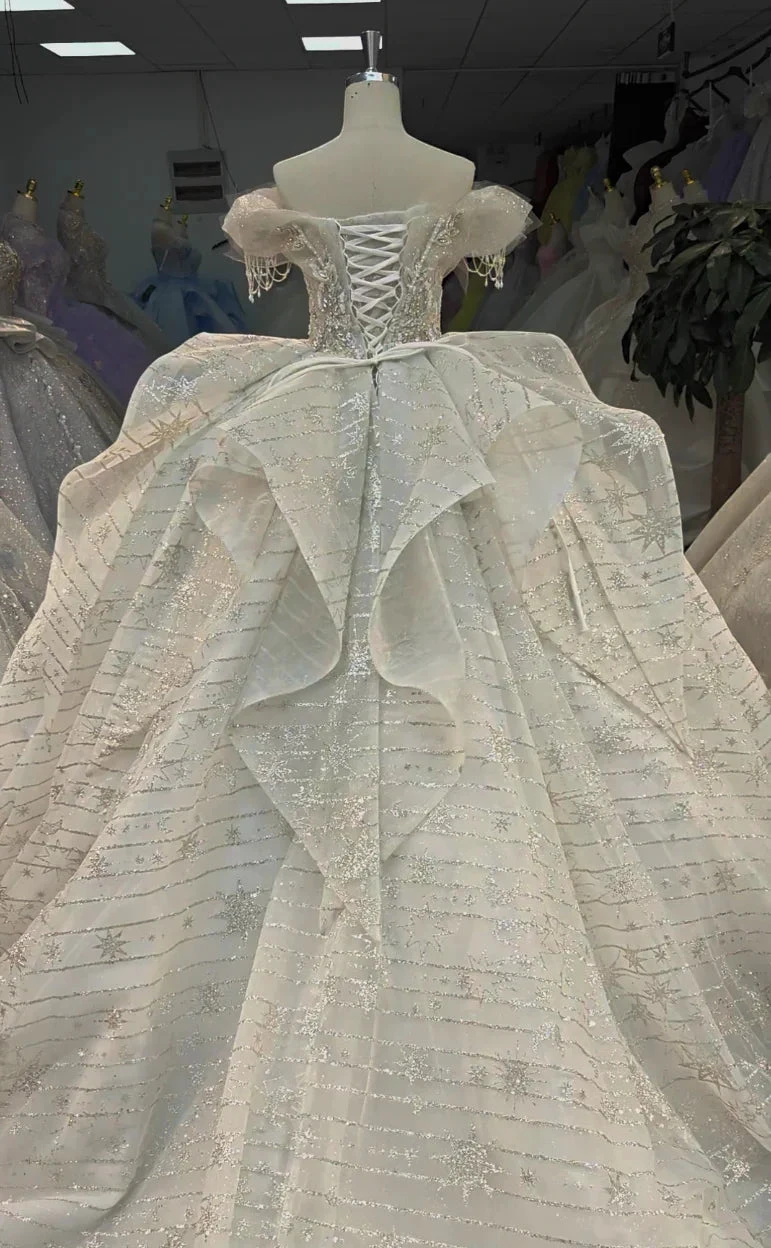 Ivory Starlight Off-Shoulder Ballgown Celestial Sequin Skirt &amp; Beaded Tassel Bodice by ZAPDRESS