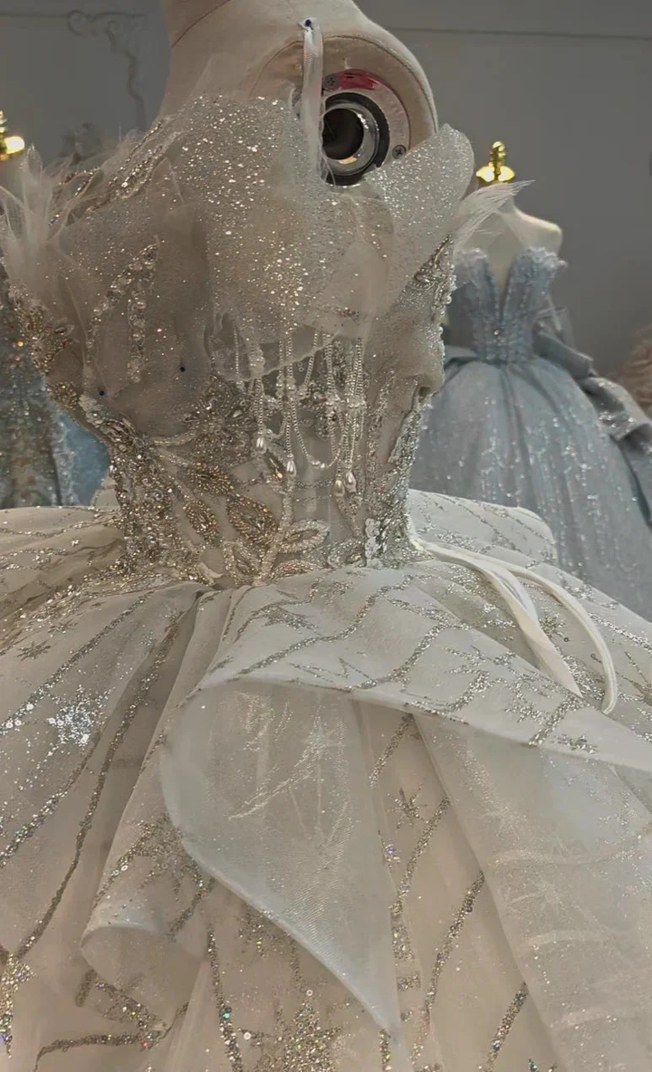 Ivory Starlight Off-Shoulder Ballgown Celestial Sequin Skirt &amp; Beaded Tassel Bodice by ZAPDRESS