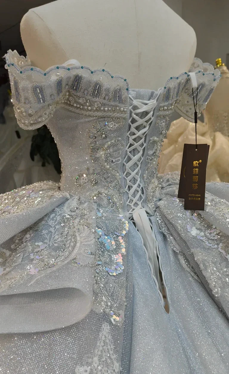 Gorgeous Silver Sequin Off-the-Shoulder Ball Gown Wedding Dress with Crystal Embroidery &amp; Giant Bow Train Ye-2020 by ZAPDRESS