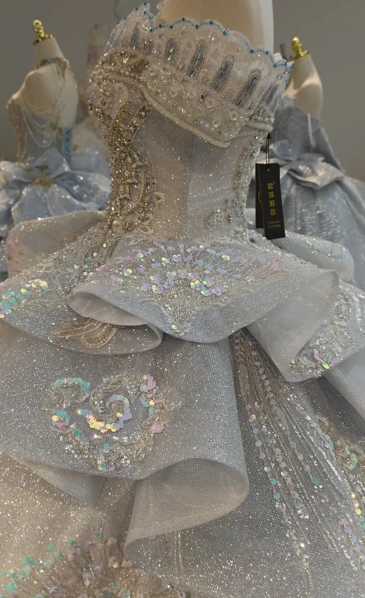 Gorgeous Silver Sequin Off-the-Shoulder Ball Gown Wedding Dress with Crystal Embroidery &amp; Giant Bow Train Ye-2020 by ZAPDRESS