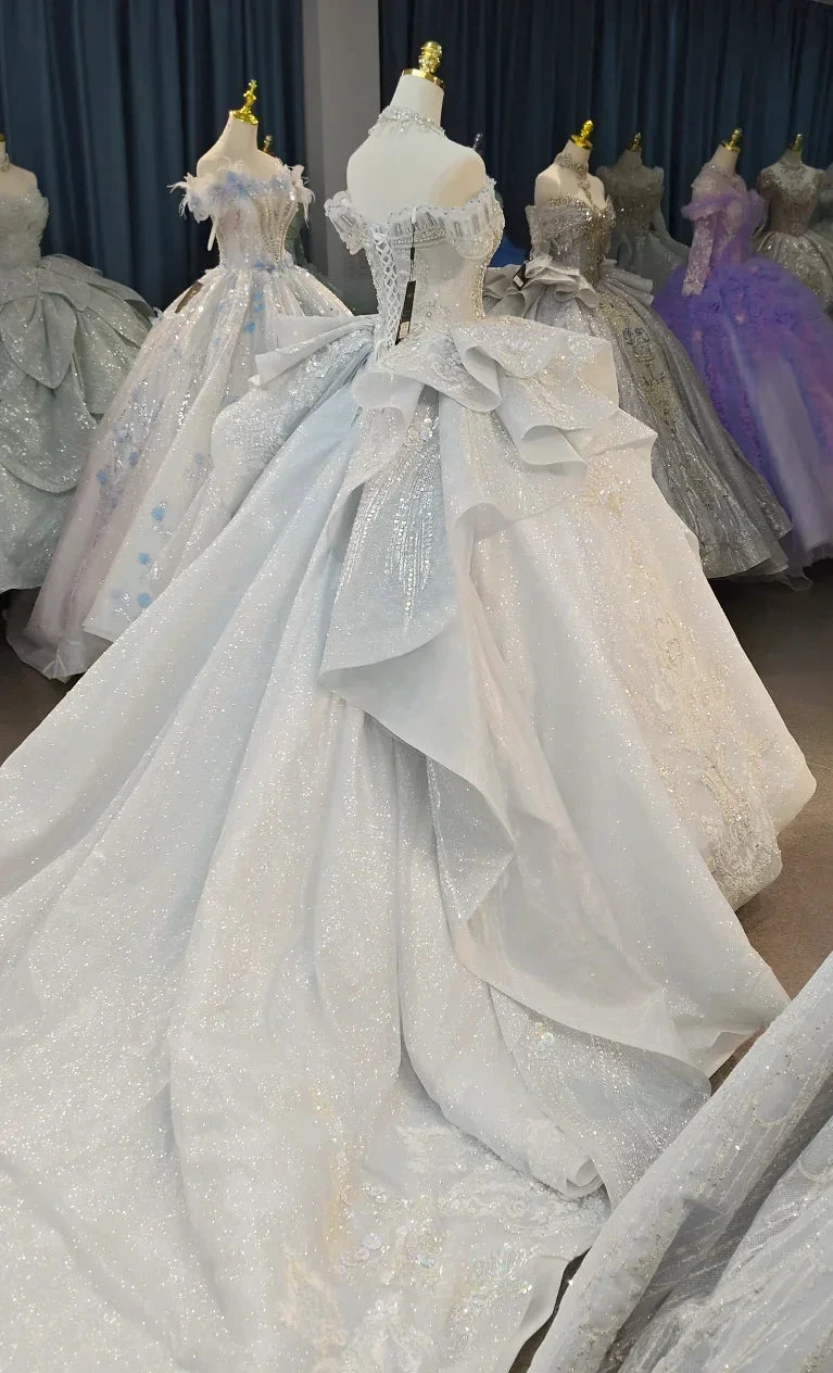 Gorgeous Silver Sequin Off-the-Shoulder Ball Gown Wedding Dress with Crystal Embroidery &amp; Giant Bow Train Ye-2020 by ZAPDRESS