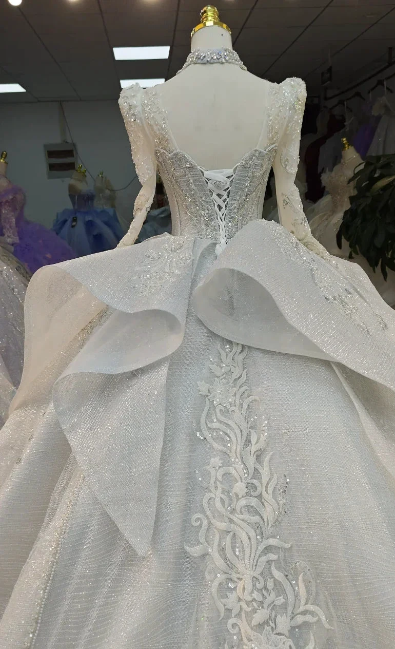 Gorgeous High-Neck Sequin Ball Gown Wedding Dress with Crystal Embroidery &amp; Sheer Long Sleeves Ye-2021 by ZAPDRESS