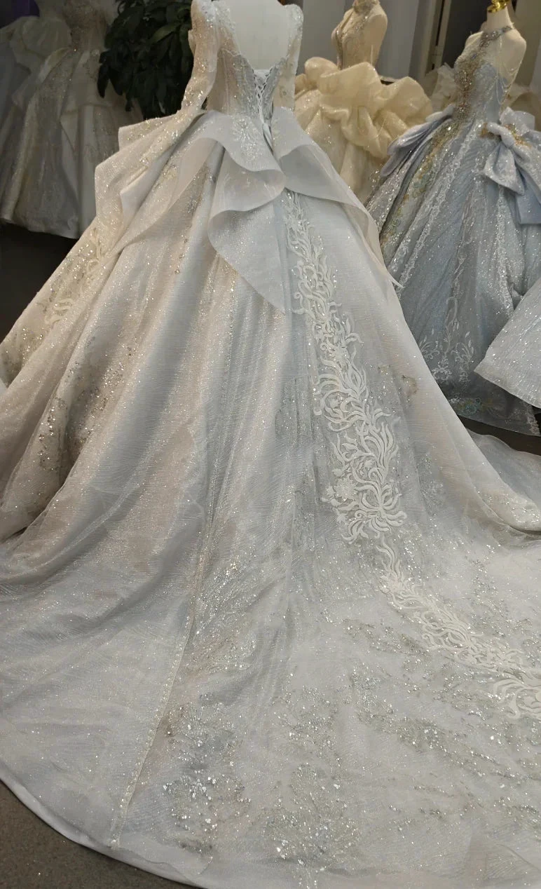 Gorgeous High-Neck Sequin Ball Gown Wedding Dress with Crystal Embroidery &amp; Sheer Long Sleeves Ye-2021 by ZAPDRESS