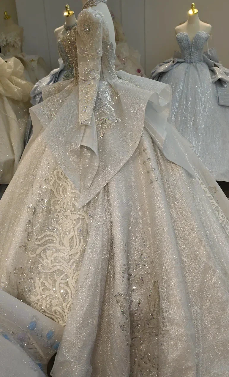 Gorgeous High-Neck Sequin Ball Gown Wedding Dress with Crystal Embroidery &amp; Sheer Long Sleeves Ye-2021 by ZAPDRESS