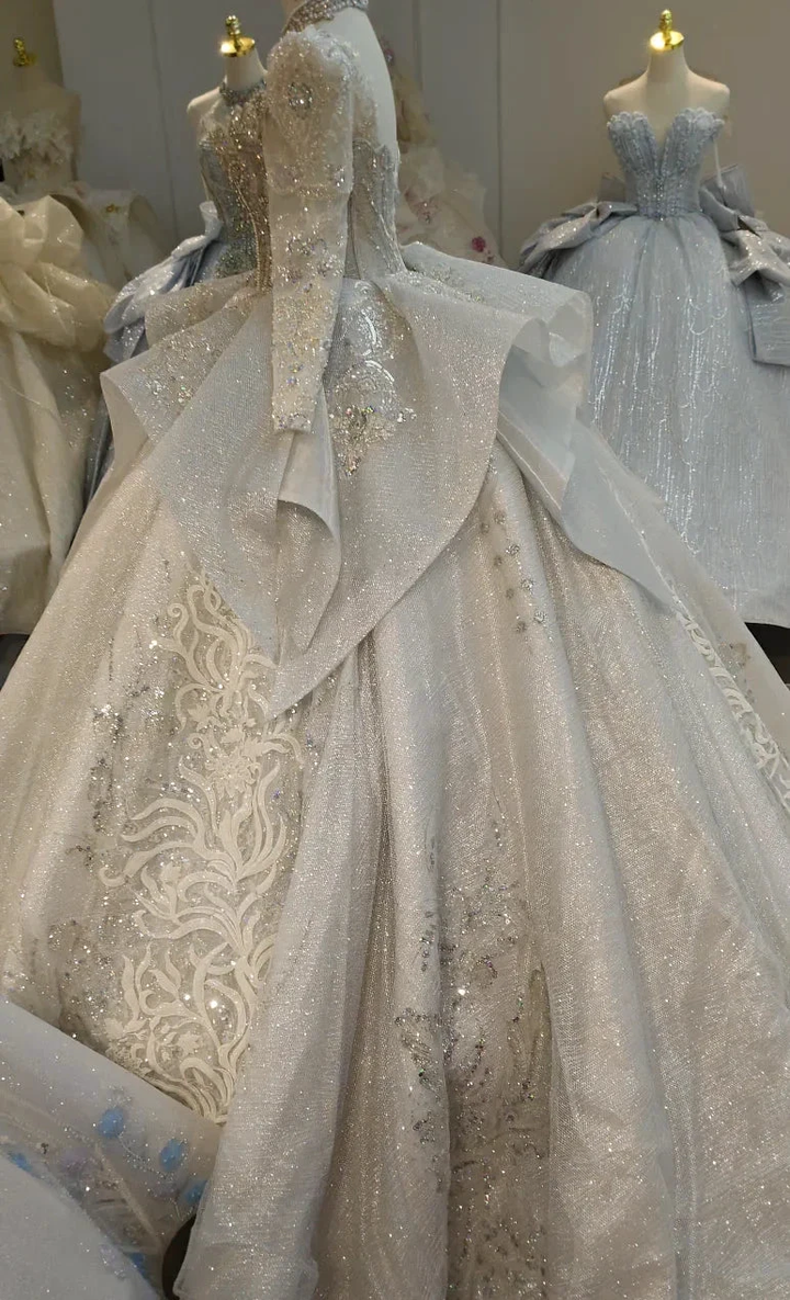 Gorgeous High-Neck Sequin Ball Gown Wedding Dress with Crystal Embroidery &amp; Sheer Long Sleeves Ye-2021 by ZAPDRESS