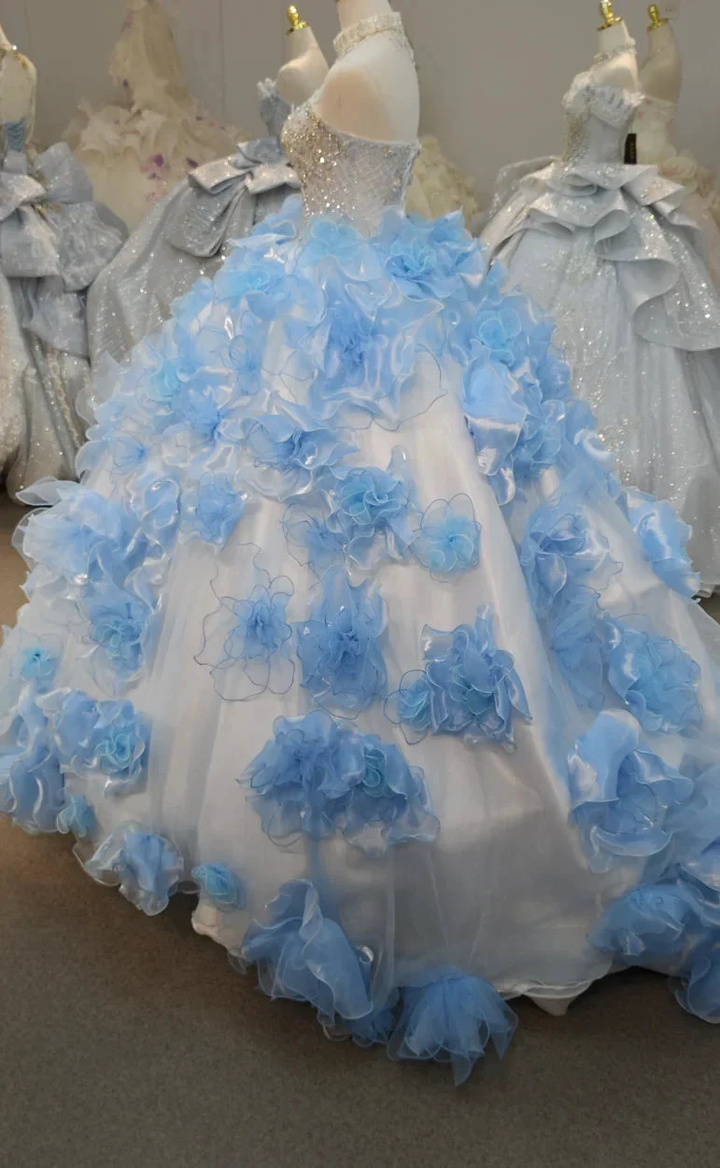 Enchanting Light Blue Strapless Ball Gown Wedding Dress with Crystal Beaded Bodice &amp; 3D Organza Flowers Ye-2024 by ZAPDRESS