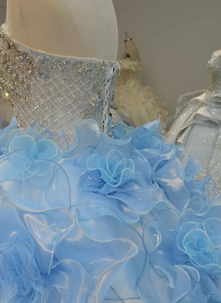 Enchanting Light Blue Strapless Ball Gown Wedding Dress with Crystal Beaded Bodice &amp; 3D Organza Flowers Ye-2024 by ZAPDRESS
