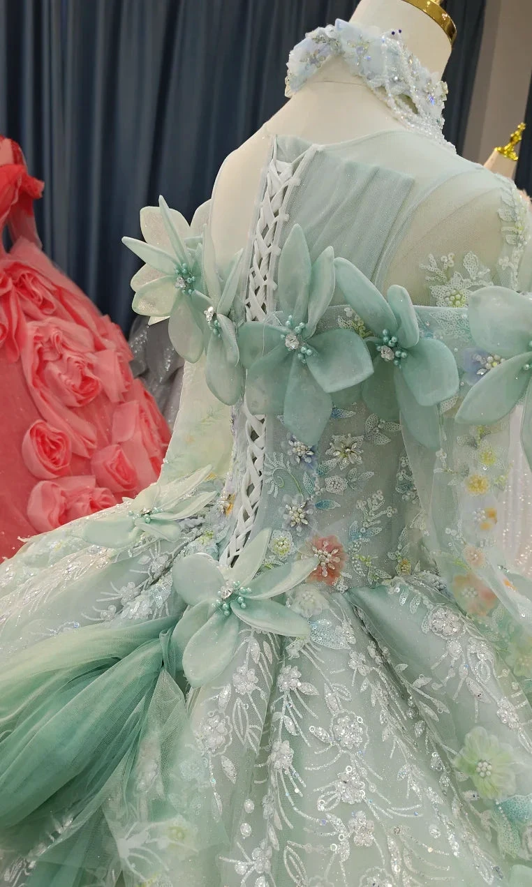 Fairy-Tale Mint Green High-Neck Ball Gown Wedding Dress with 3D Organza Flowers &amp; Crystal Embroidery Ye-2025 by ZAPDRESS