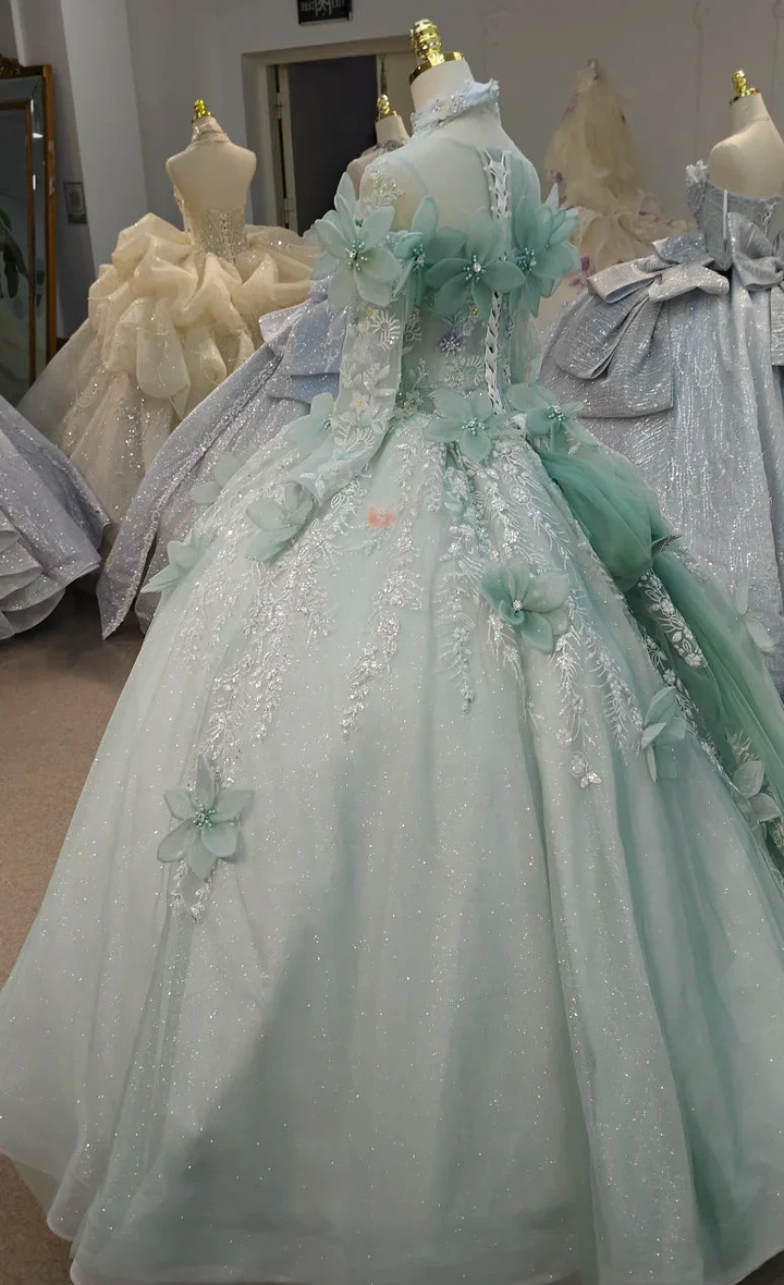 Fairy-Tale Mint Green High-Neck Ball Gown Wedding Dress with 3D Organza Flowers &amp; Crystal Embroidery Ye-2025 by ZAPDRESS