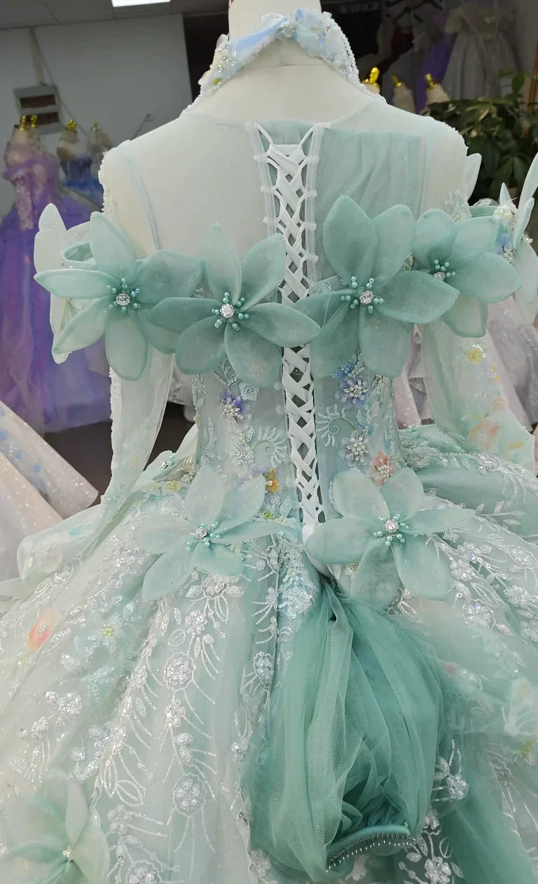 Fairy-Tale Mint Green High-Neck Ball Gown Wedding Dress with 3D Organza Flowers &amp; Crystal Embroidery Ye-2025 by ZAPDRESS