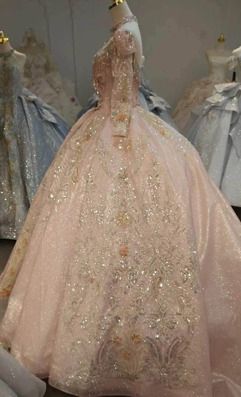 Lavish Blush Pink High-Neck Ball Gown Wedding Dress with Beaded Fringe &amp; 3D Floral Embroidery Ye-2026 by ZAPDRESS