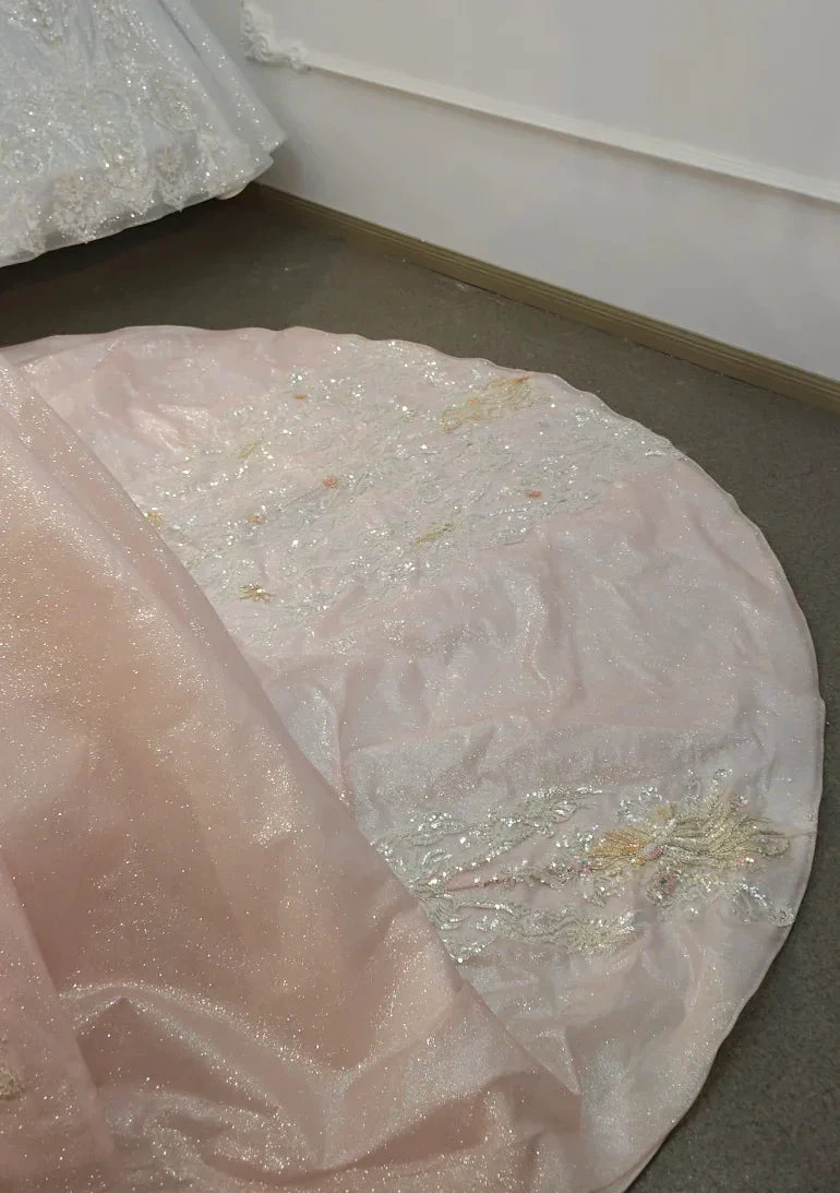 Lavish Blush Pink High-Neck Ball Gown Wedding Dress with Beaded Fringe &amp; 3D Floral Embroidery Ye-2026 by ZAPDRESS