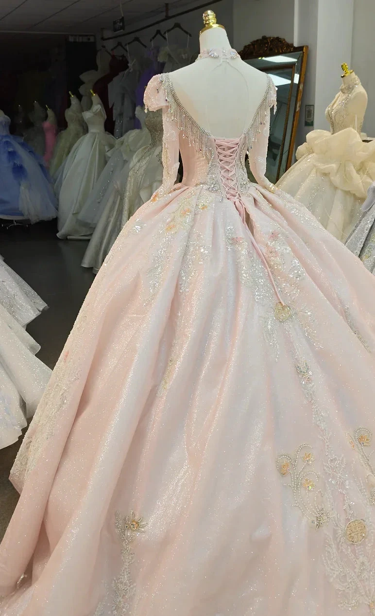 Lavish Blush Pink High-Neck Ball Gown Wedding Dress with Beaded Fringe &amp; 3D Floral Embroidery Ye-2026 by ZAPDRESS
