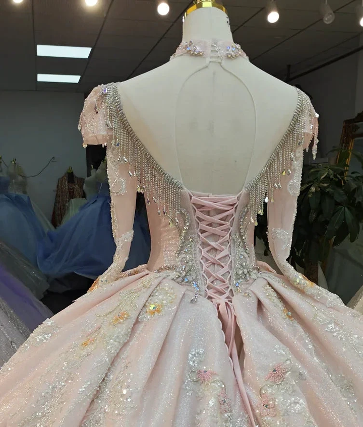 Lavish Blush Pink High-Neck Ball Gown Wedding Dress with Beaded Fringe &amp; 3D Floral Embroidery Ye-2026 by ZAPDRESS
